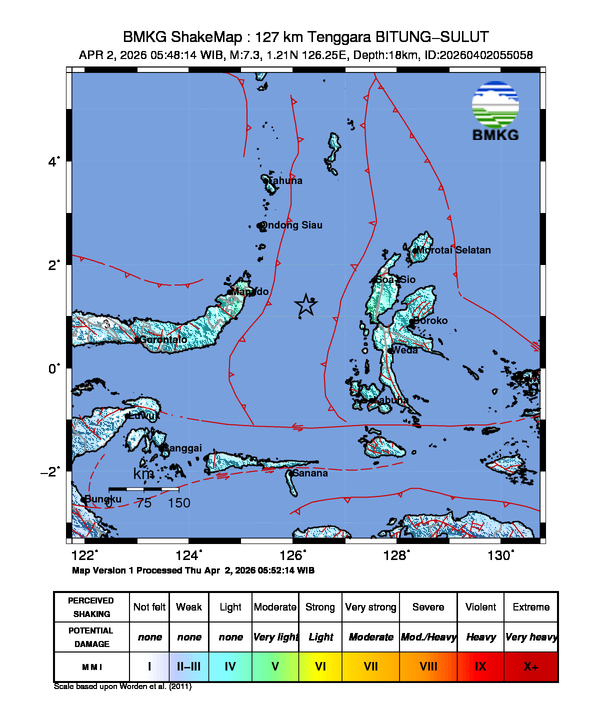 Peta guncangan BMKG untuk Gempa Laut Maluku M 7,6. (Foto: BMKG)